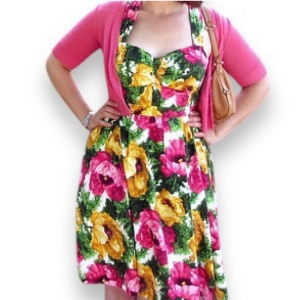 LONDON TIMES Pink & Yellow Poppies Bold Floral Fit & Flare Midi Dress